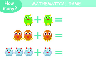 examples of addition and subtraction with cute monsters. educational page with mathematical examples for children.