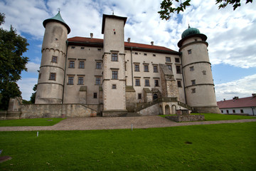 Zamek w Wiśniczu – zamek położony na zalesionym wzgórzu nad rzeką Leksandrówką w Nowym Wiśniczu
Wczesnobarokowy korpus zamku z elementami renesansowymi zbudowano na planie czworoboku z wewnętrznym dzi - obrazy, fototapety, plakaty