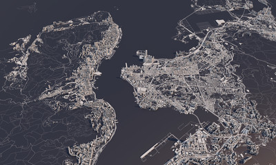 Hong Kong city map 3D Rendering. Aerial satellite view.