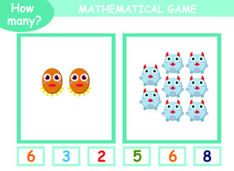 Obraz premium educational page with mathematical games for children. how many cute monsters on a page, circle the correct number