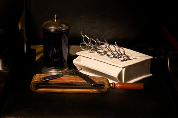 still life of old barber tools of different types
