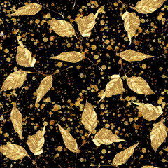 Gold seamless pattern of leaves. Trendy floral background