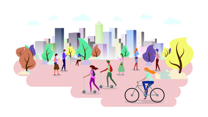 Group of people in the park. Color cityscape ecology.  People using mobile internet technology. Building panorama background. vector illustration. 