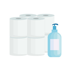set toilet paper with antibacterial bottle isolated icons vector illustration design