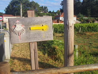 Yellow scallop shell mark and arrow sign, Camino de Santiago, Way of St. James, Journey from Monasterio de Armenteira to Vilanova de Arousa, Portuguese way, Portugal