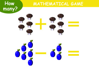 examples of addition and subtraction with fruits and vegetables. educational page with mathematical examples for children.