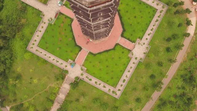 Aerial Top Shot of Xa Loi stupa at Bai Dinh Temple Spiritual and Culture Complex in Ninh Binh Vietnam, the largest spiritual tourist place in Vietnam