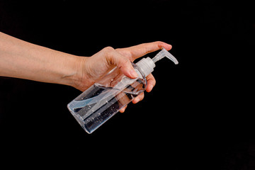 Hand sanitizer prevent virus and plague infection, prevent covid-19 virus on black background 