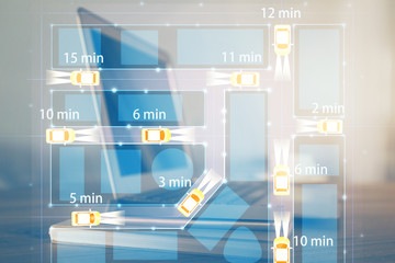 Desktop computer background in office with automobile hologram drawing. Multi exposure. Tech...