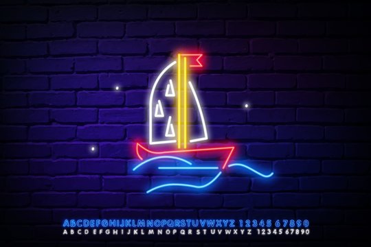 Yacht club. Neon bright sign. Logo. Bright Banner.Emblem. Summer. Sailing yacht on the horizon. Vector image