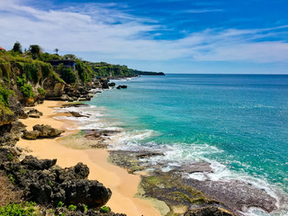 Beautiful view of stone coast at Bali island, Tegal Wangi Beach, Bali, Indonesia.