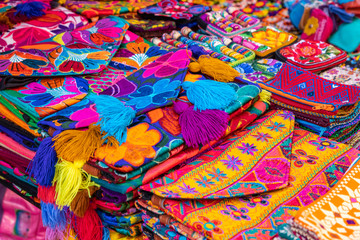 Colorful Mexican crafts for sale at market, Latin America. Mexico travel background.