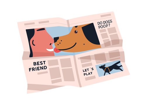 Creased newspaper isolated on white background. Periodical paper with various articles about dogs. Printed media sheet with pictures. Vector illustration in flat cartoon style