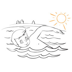 summer boy swims in the river under the yellow sun outline drawing, coloring, isolated object on a white background, vector illustration,