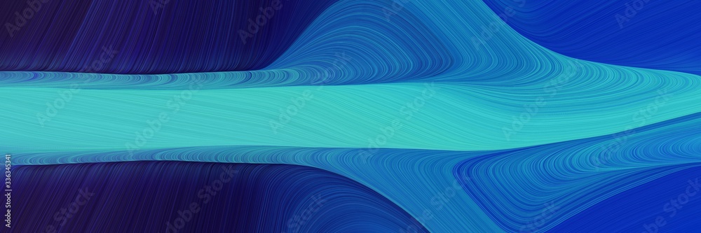 Poster abstract moving designed horizontal header with strong blue, medium turquoise and very dark blue colors. fluid curved flowing waves and curves