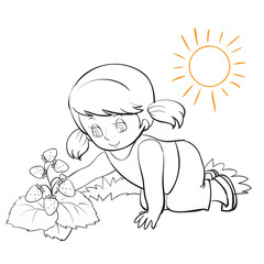 girl kneeling and tearing wild strawberries from a bush, drawing in the outline, coloring, isolated object on a white background, vector illustration,