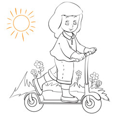 girl riding a scooter in the summer, outline drawing, coloring, isolated object on a white background, vector illustration,