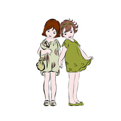 Little happy girlfriends in retro style dressed in dress stand together and hold hands. 