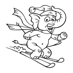 Elephant with Santa hat and scarf skis and waving for greeting, winter sports, black and white cartoon