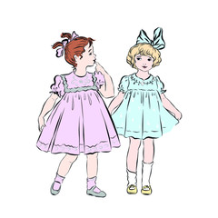 Little happy girlfriends in retro style dressed in pink and blue dress, bows in their hairs stand together. Children in retro style.