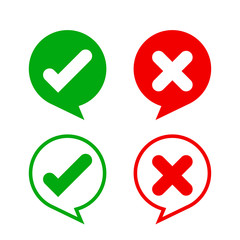 check mark sign in speech bubble circle isolated on white, checkmark yes or no vote in speech box symbol, correct choice x or confirm and deny icon, cross or right for question, label talk ok and deny