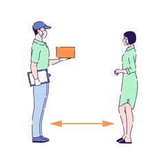 Home delivery vector illustration. Quarantine, Stay at home. Courier man gives order customer woman. Prevention epidemic. Isolated cartoon character on a white background