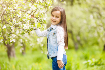 Beautiful girl in flowering Apple trees. Long hair