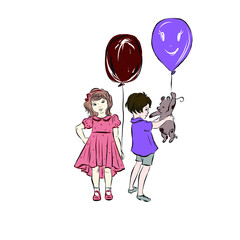 Boy and girl with balloons in dark red and purple colors. Children's holiday. Drawing for greeting postcard with Happy Birthday. Kid's gifts. 