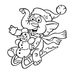 Elephant with santa hat and scarf with little snowman rides on sledge and waving for greeting, winter sports, black and white cartoon