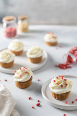 Vanilla cupcakes decorated with white frosting and dried strawberry on gray table. Side view, close up. Cookbook recipe, menu, bakery, pastry concept