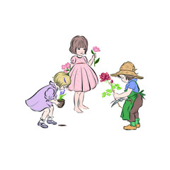 Young gardeners plant flowers. Children care and ennoble the environment. 