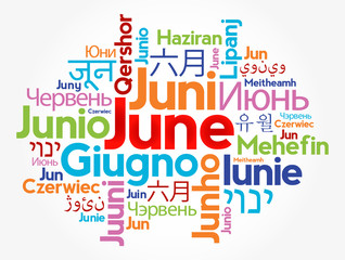 June in different languages of the world, word cloud concept background