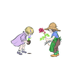 Young gardeners plant flowers. Children care and ennoble the environment. 