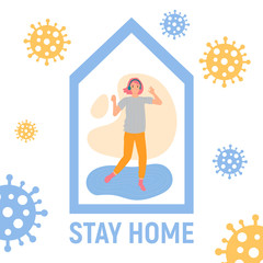 Stay home concept. Young girl in headphones dancing to the music at her home in quarantine. Flatten the curve an outbreak of the COVID-19 virus. Social distance concept. Vector illustration