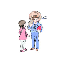 Boy with an Easter egg and a rabbit stands with a girl. Hand drawn vintage people. Clip-art happy children. 