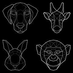 Set of four polygonal abstract animals, dog, giraffe, monkey and rabbit. Vector illustration