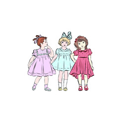 Little girlfriends in retro style standing together. 