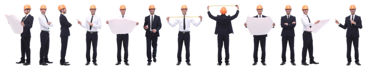 panoramic photo collage of confident architect isolated on white