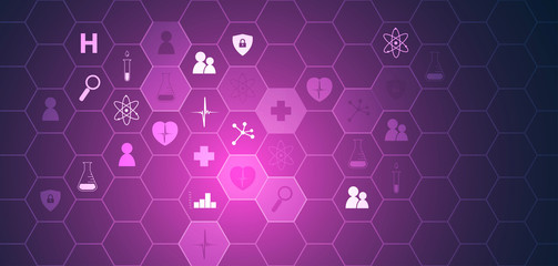 icone, mediche, farmaceutica, struttura esagonale, salute