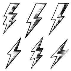 set of hand drawn vector doodle electric lightning bolt symbol sketch illustrations. thunder symbol doodle icon .design element isolated on white background .