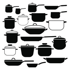 Vector set of kitchen utensils icons. Collection pots and pans with lids.