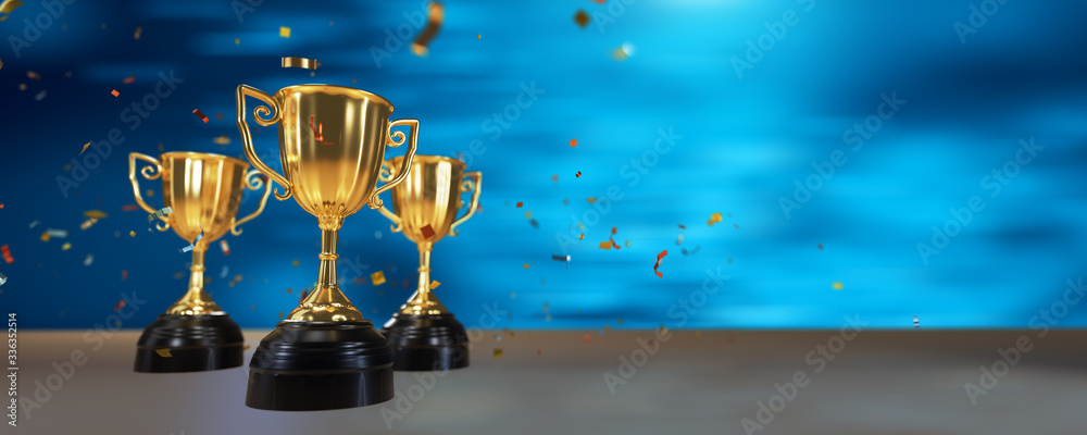 Wall mural golden trophy cup with falling confetti on blue background. copy space for text. 3d rendering.