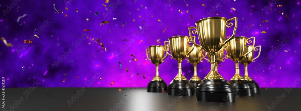Canvas Prints golden trophy award with falling confetti on purple background. copy space for text. 3d rendering.