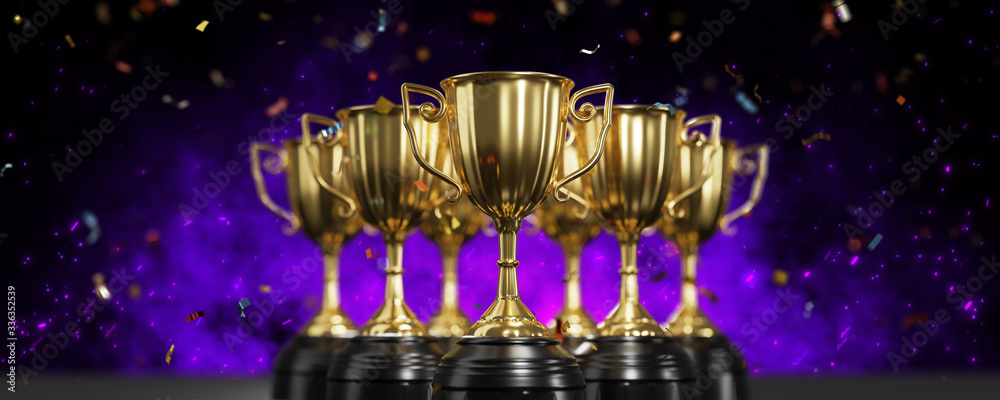 Canvas Prints golden trophy award with falling confetti on purple background. copy space for text. 3d rendering.