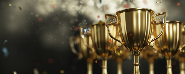 close up golden trophy award with falling confetti. copy space for text. 3d rendering.