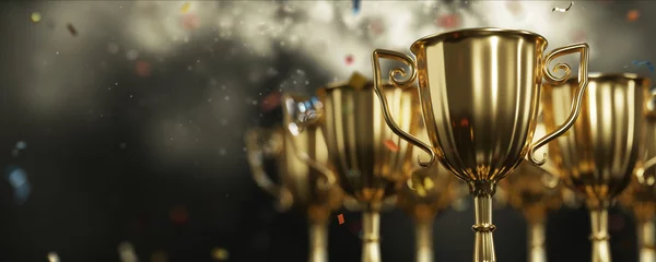 Foto op Canvas close up golden trophy award with falling confetti. copy space for text. 3d rendering. © ATKWORK888