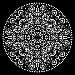 Mandala vector art, Australian dot painting white design on black, Aboriginal folk art bohemian style
