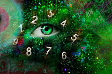 Female eye in space and numbers around it, numerology