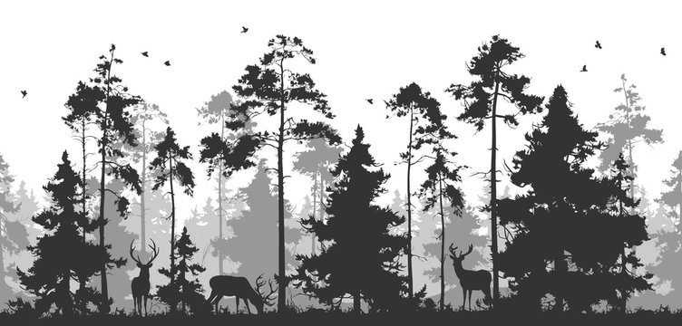 horizontal seamless vector illustration. Pine forest with animals. You can remove deer or birds - they are isolated