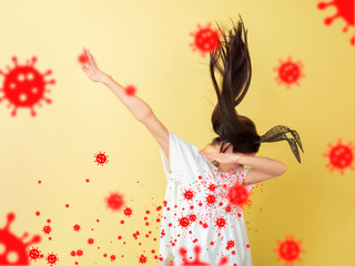 How to sneezing right - caucasian woman dabbing isolated on studio background with viruses illustration. Beautiful female model. Human emotions, sales, healthcare and medicine concept. Stop epidemic.